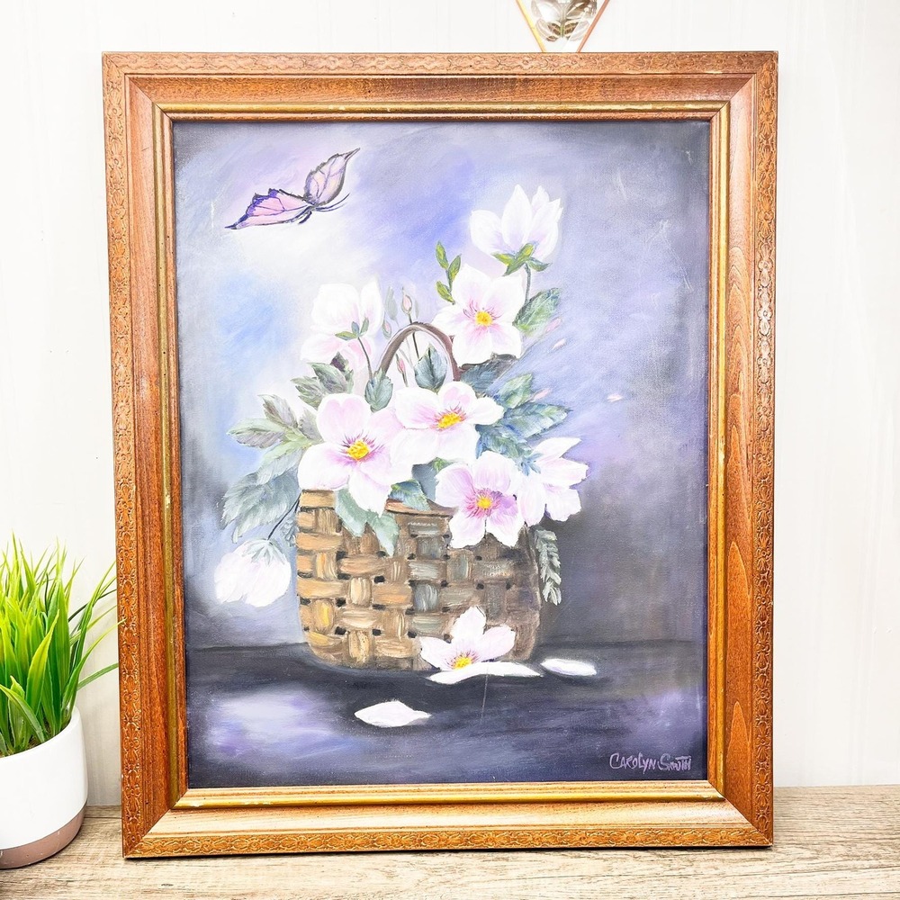 Vintage Floral Painting in Detailed Wooden Frame, Purple Botanical Art Butterfly